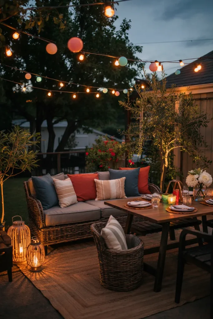 Backyard patio with string light canopy mixing warm and red blue bulbs creating a soft festive glow for a summer party