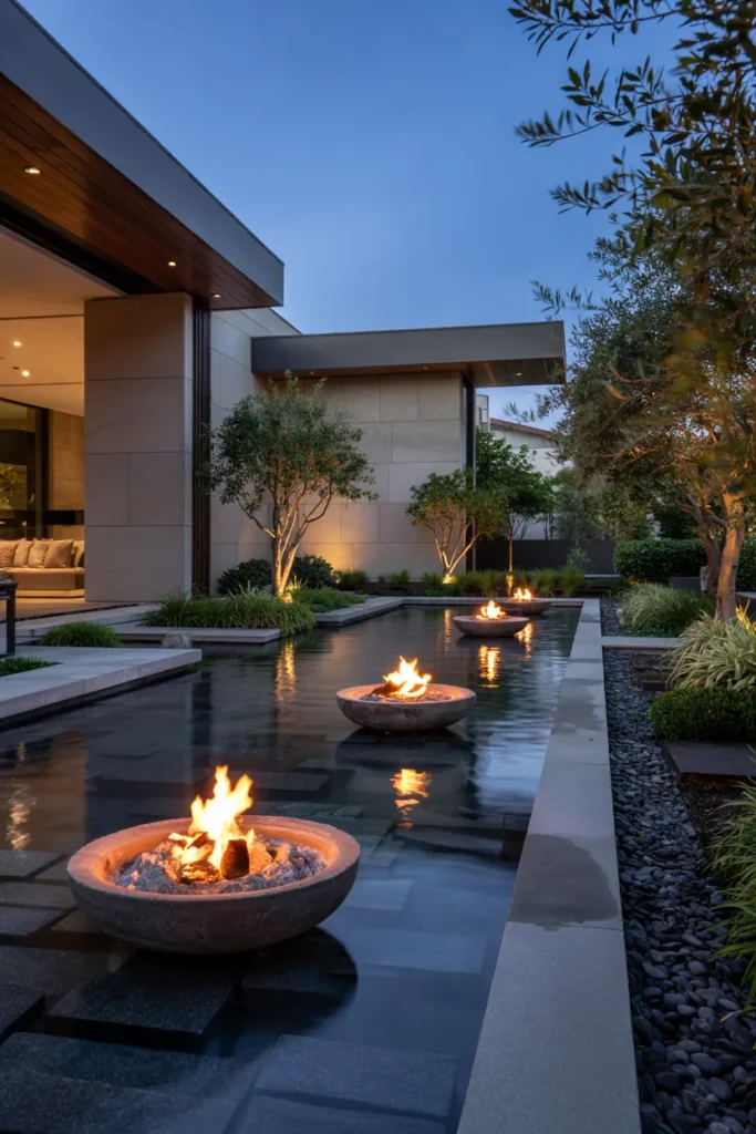 Luxury infinity-edge pond with modern fire bowls, reflective water, hidden lighting, and sleek contemporary mansion landscaping at twilight.