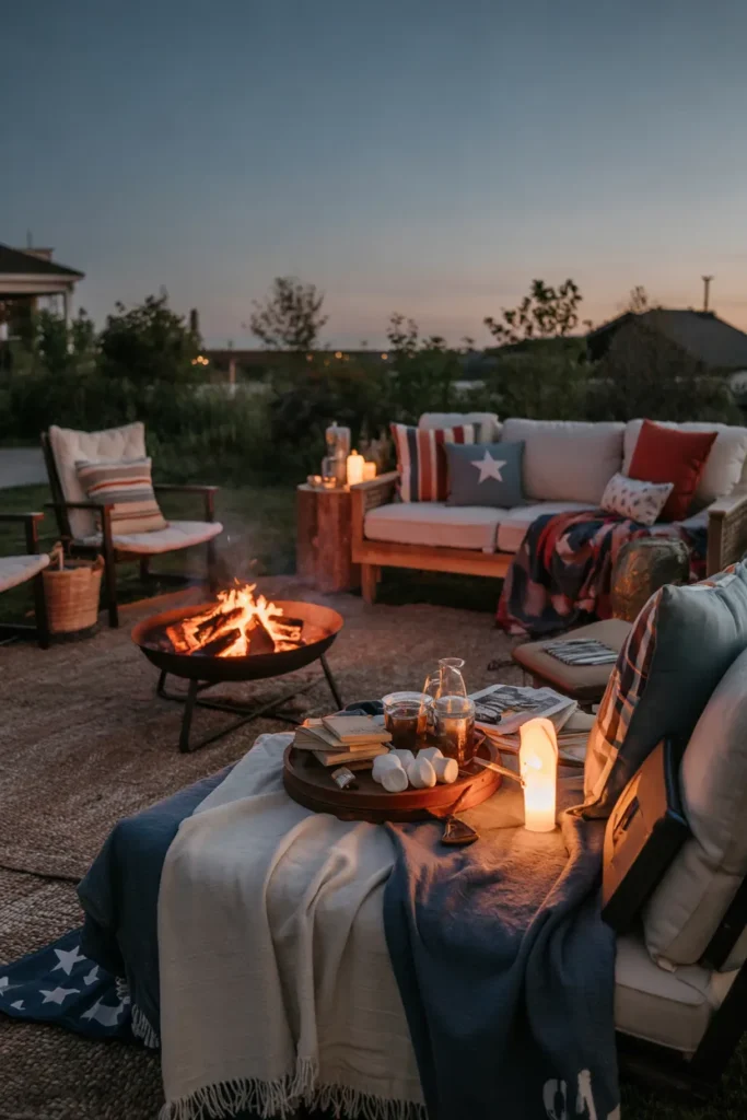 Cozy backyard fire pit seating with throws, pillows, and a s’mores station glowing in warm evening light for a summer gathering
