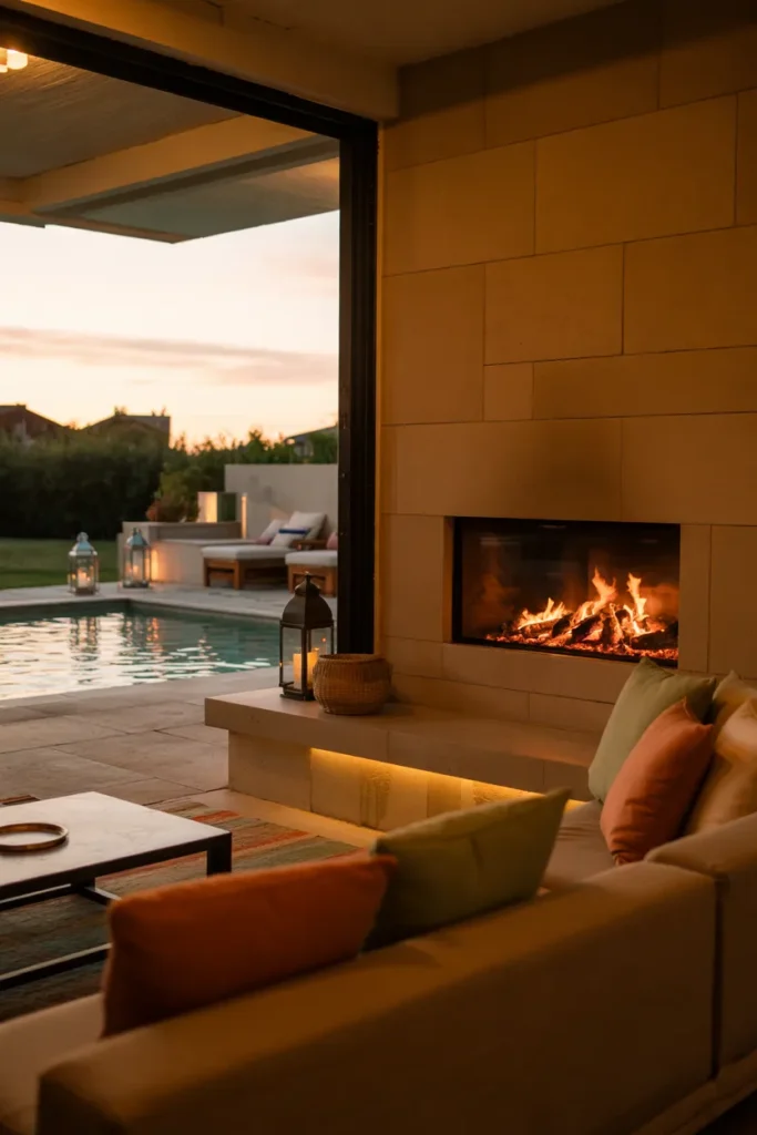 Pool house guest suite with a modern fireplace lounge, cozy seating area, and open doors to a glowing summer pool at sunset for year-round comfort.