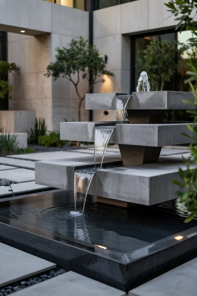Modern floating concrete fountain pond with geometric slabs, soft overflow water, hidden LED lighting, and a sleek reflective basin in a luxury courtyard.