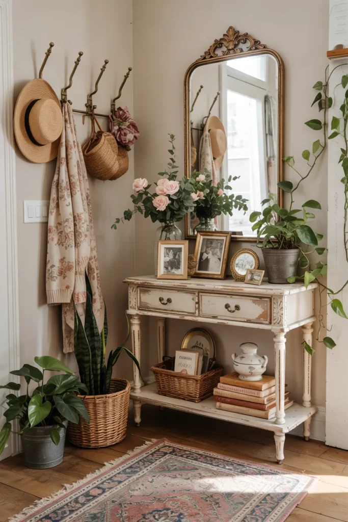 Whimsical vintage grandma aesthetic entryway with floral wallpaper, antique brass hooks, scalloped mirror, lace runner table, family photos, cozy warm lighting, wicker baskets, layered rugs, and colorful cottage-style decor.