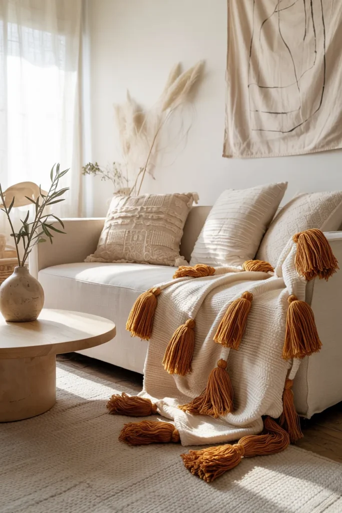 Cozy modern boho living room with fringe and tassel details on cushions and throws, cream linen sofa, warm earthy colors, layered textures, wood furniture, and soft golden natural sunlight.
