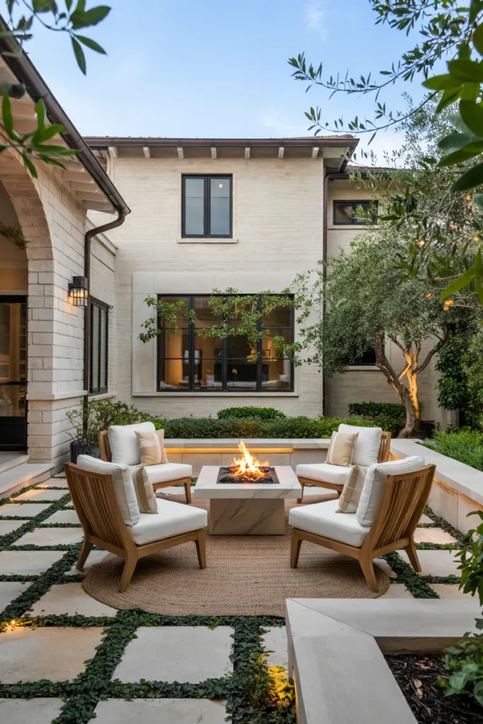 Modern home with a boutique-hotel-inspired front yard courtyard featuring luxury outdoor seating, limestone pavers, layered greenery, and warm ambient lighting.