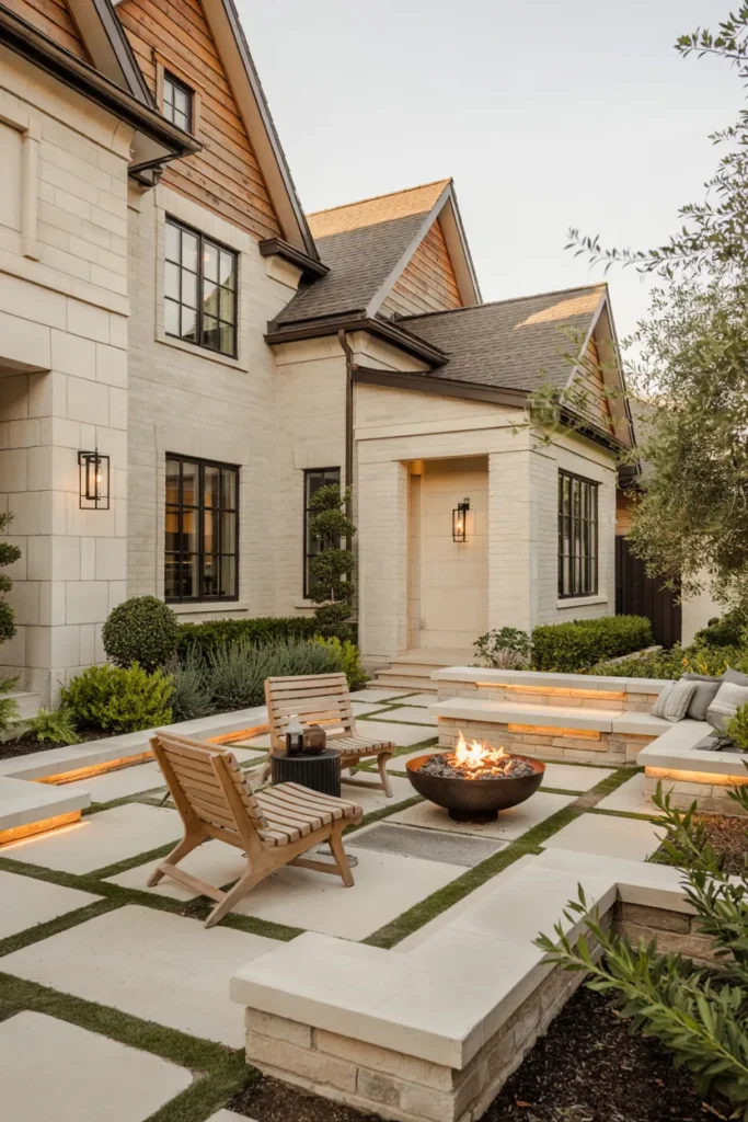 Front yard outdoor living space featuring lounge seating, a fire bowl, layered landscaping, and boutique-style curb appeal.