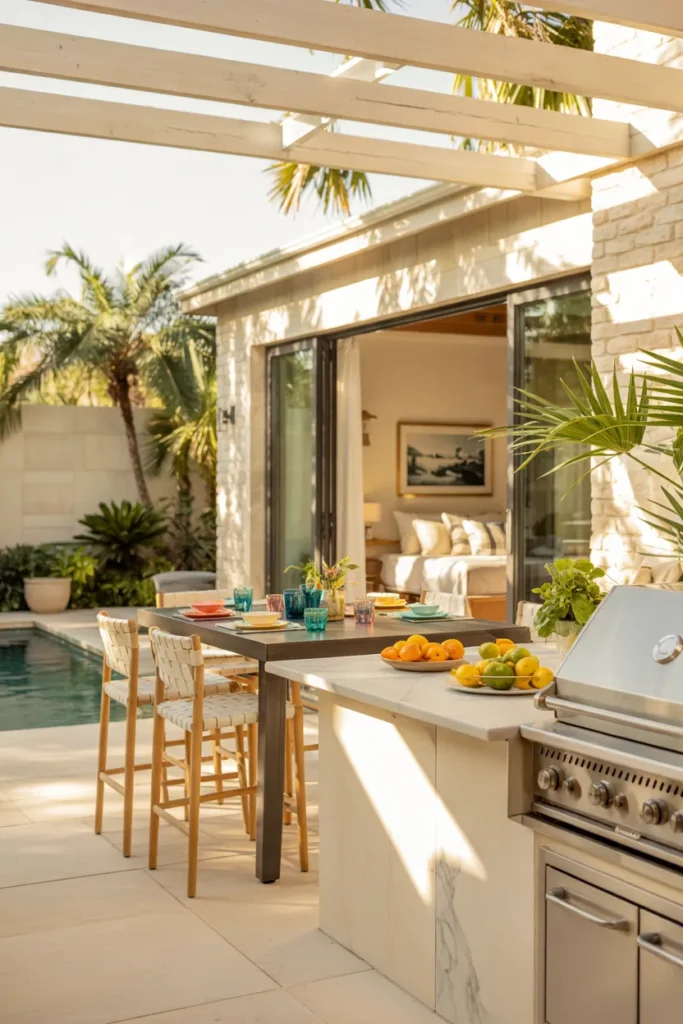 Pool house with full outdoor kitchen, dining area, and guest suite, opening to a bright summer pool, designed for entertaining and social gatherings.