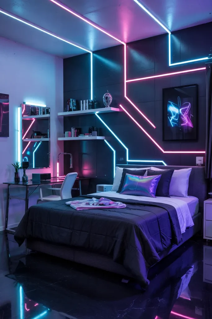 Compact futuristic LED dorm room with neon lighting, sleek black bed, mirrored accents, RGB glow, glass desk setup, tech-inspired storage, and cyber aesthetic compact interior.