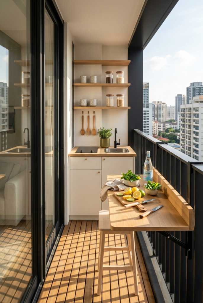 Modern narrow balcony kitchen with a fold-down wooden prep counter, compact kitchenette, black railings, teak flooring, and Scandinavian-inspired small-space design.