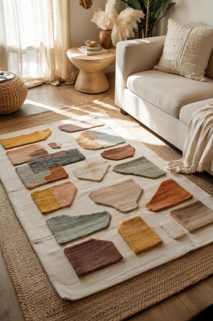 Warm modern boho living room with layered jute and patterned flatweave rugs, cream boucle sofa, natural wood furniture, woven decor, textured textiles, soft sunlight, and cozy earthy neutral styling.