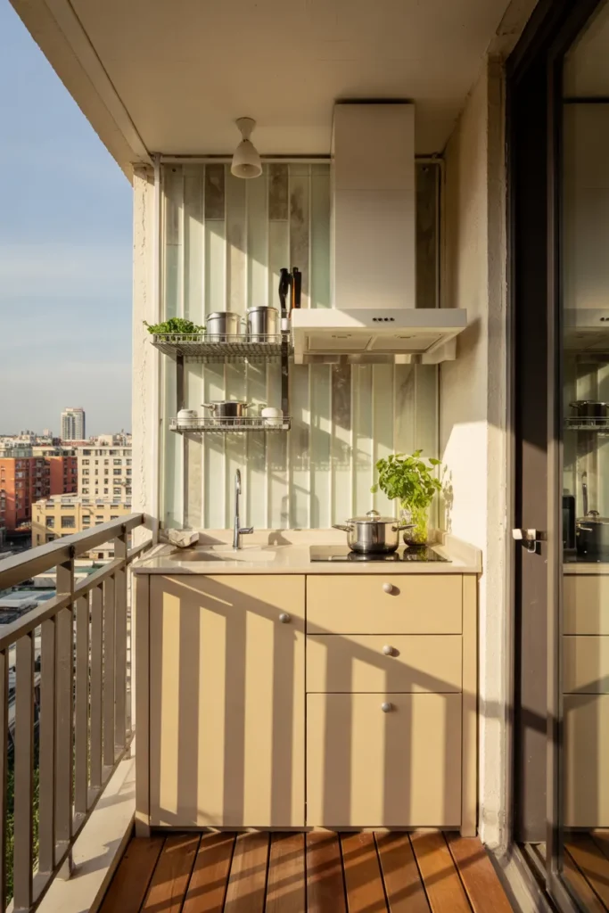 Small modern balcony kitchen with a reflective glass backsplash, compact beige kitchenette, open black railings, teak flooring, and a bright space-enhancing design.