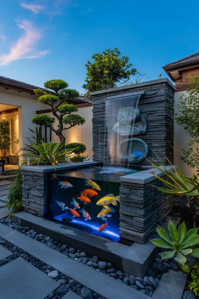 Modern raised infinity pond with a transparent acrylic viewing wall showing colorful koi fish underwater like a luxury outdoor aquarium.