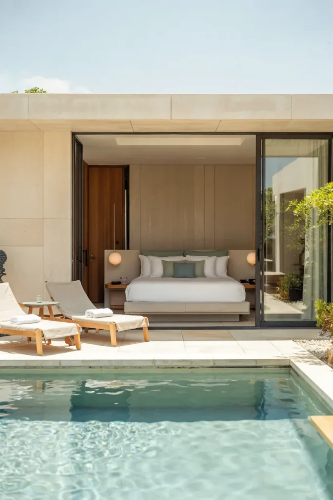 Modern glass-walled pool house guest suite with floor-to-ceiling windows, minimalist white interior, and seamless indoor-outdoor flow to a bright turquoise swimming pool in a fresh summer setting.