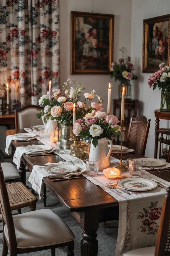 Grandma chic dining room with long wooden table, candlesticks, layered tablecloths, antique china, mismatched vintage chairs, floral wallpaper, warm lighting, and cozy whimsical cottagecore decor.