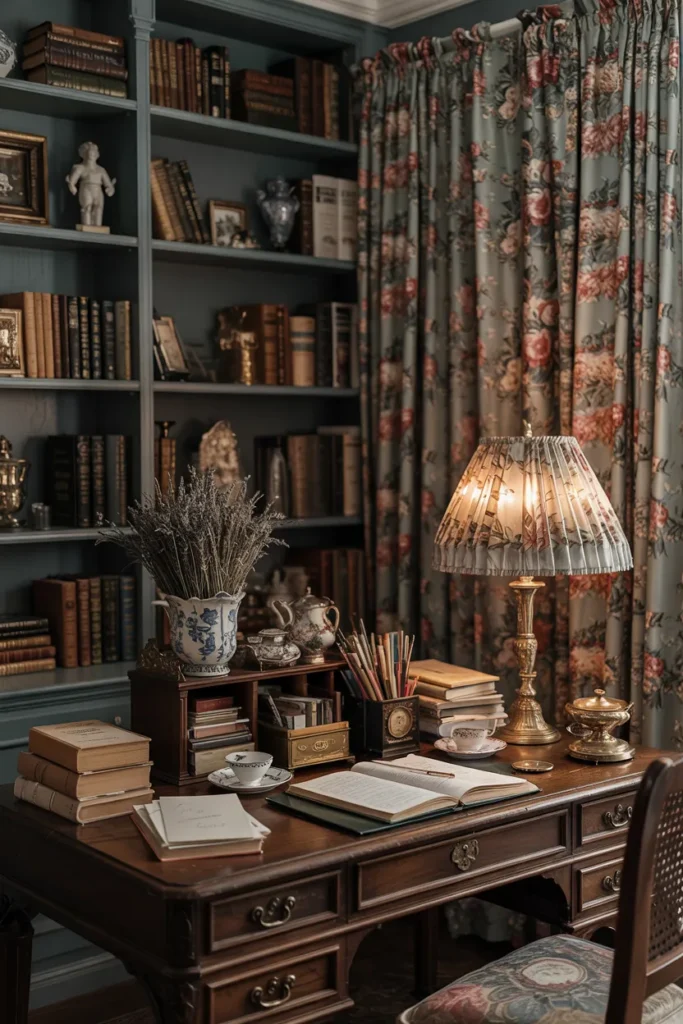 Grandmillennial home office with dark wood desk, floral wallpaper, pleated lamps, brass frames, stacked vintage books, cozy cottagecore decor, warm lighting, and intellectual grandma aesthetic styling.