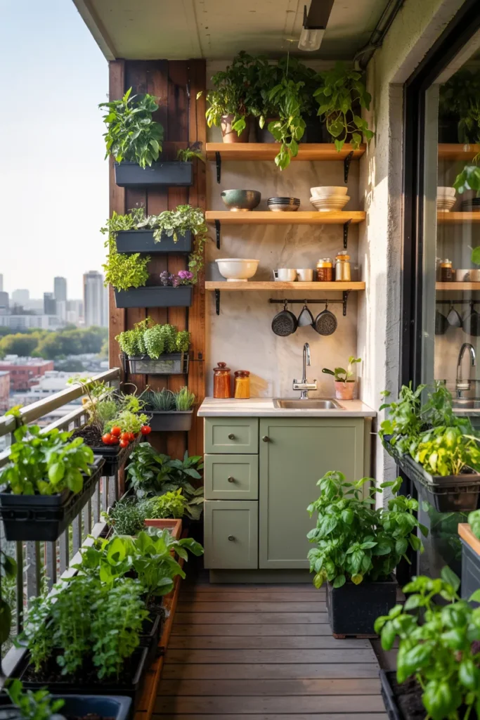 Small modern balcony kitchen with an edible grazing garden, herb planters, compact sage kitchenette, open black railings, and lush urban apartment styling.
