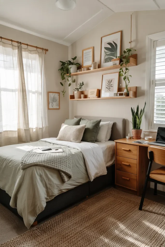 Compact green botanical dorm room with neatly made single bed, sage green bedding, lots of plants, natural wood furniture, cozy study desk, and realistic fresh dorm layout.
