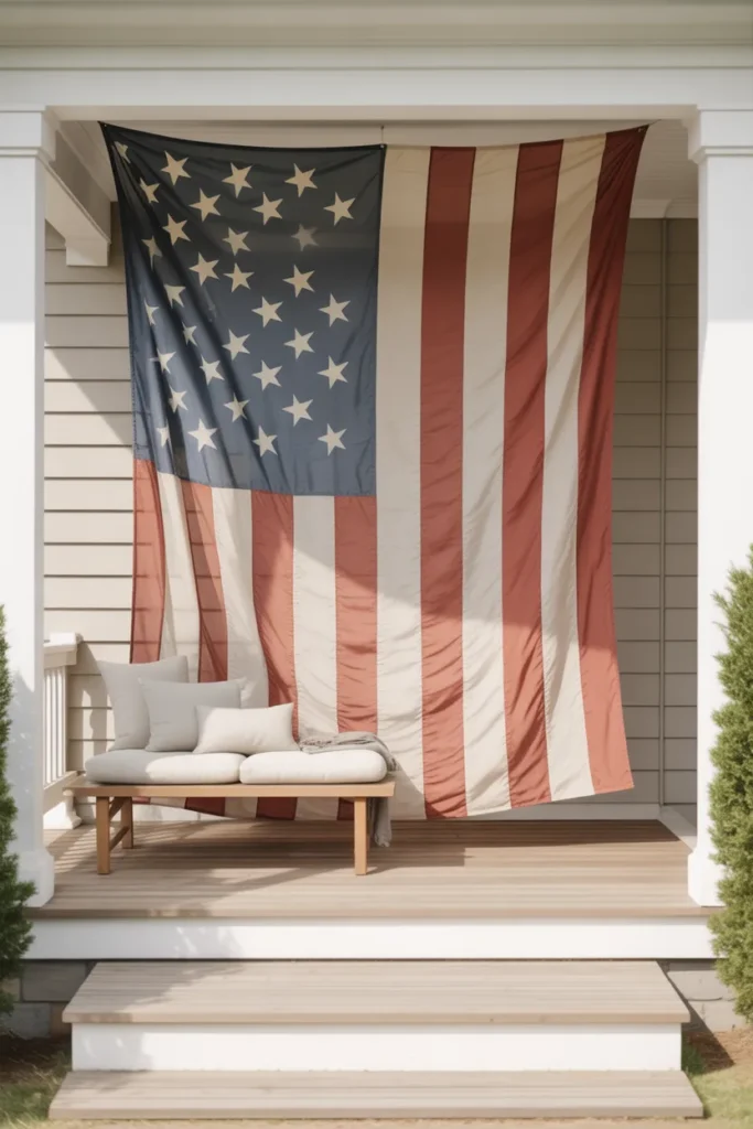 Minimal patriotic porch with oversized hanging American flag fabric panel in muted red white and blue tones and clean modern styling