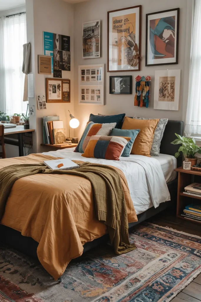 Compact indie eclectic dorm room with layered posters, mismatched art, cozy rust and mustard bedding, creative desk setup, quirky decor, and artistic cluttered aesthetic.
