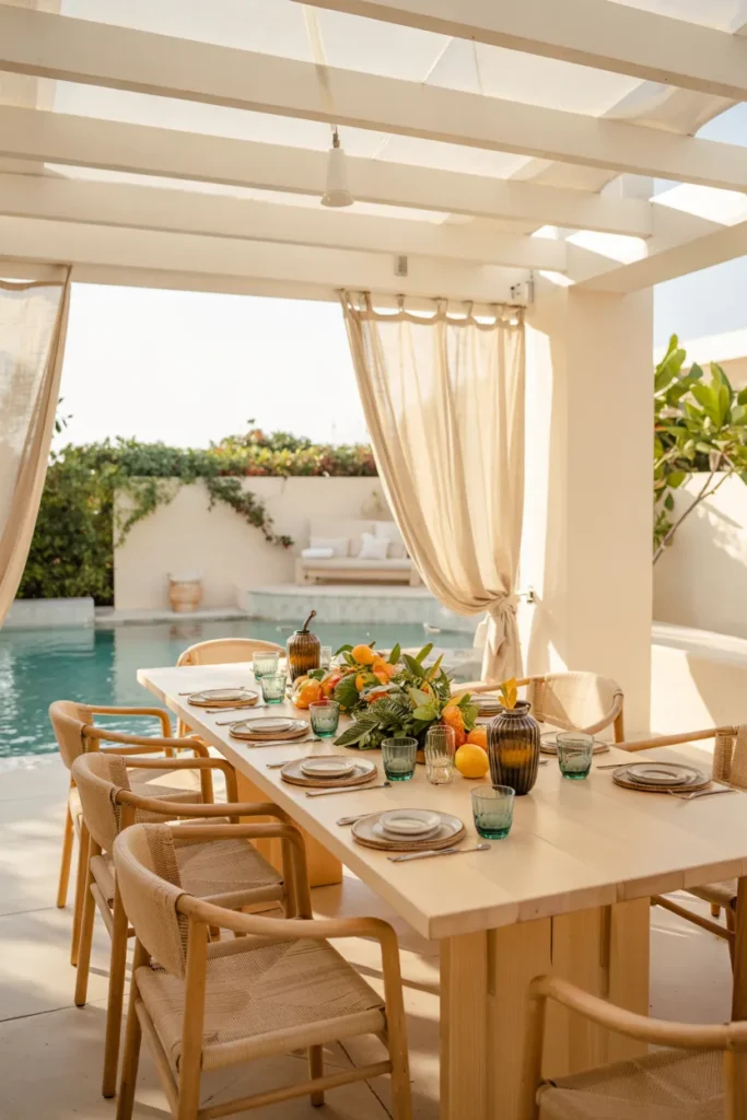 Indoor-outdoor dining pavilion pool house suite with fully open sliding doors, summer table setting, and a bright turquoise pool for a seamless entertaining space.