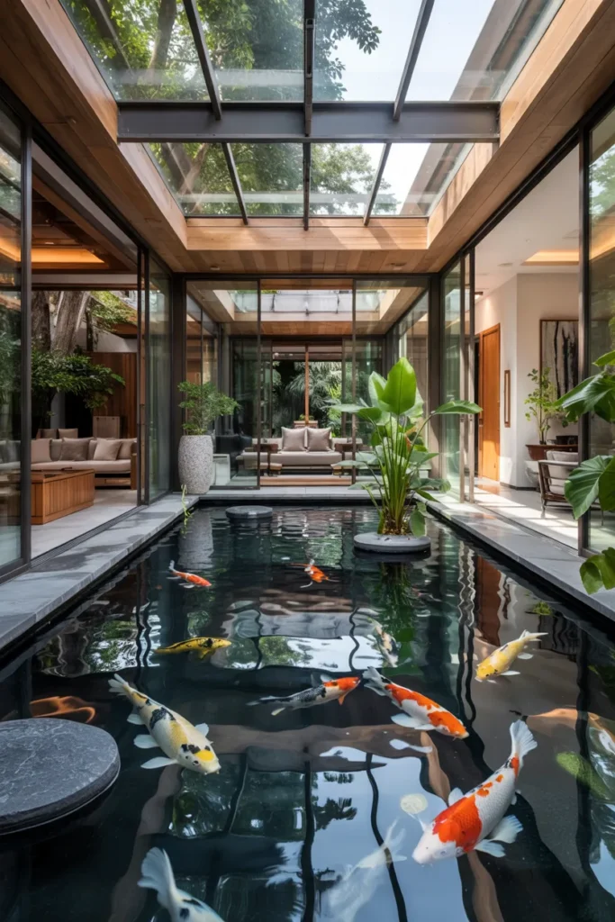 Indoor-outdoor koi atrium with a glass-walled pond, modern luxury architecture, tropical greenery, and seamless indoor-outdoor water design.