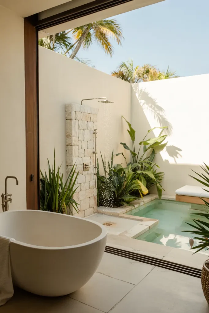 Indoor-outdoor shower pool house guest suite with freestanding tub, rainfall shower, tropical greenery, and a bright summer pool for a resort-style bathing experience.