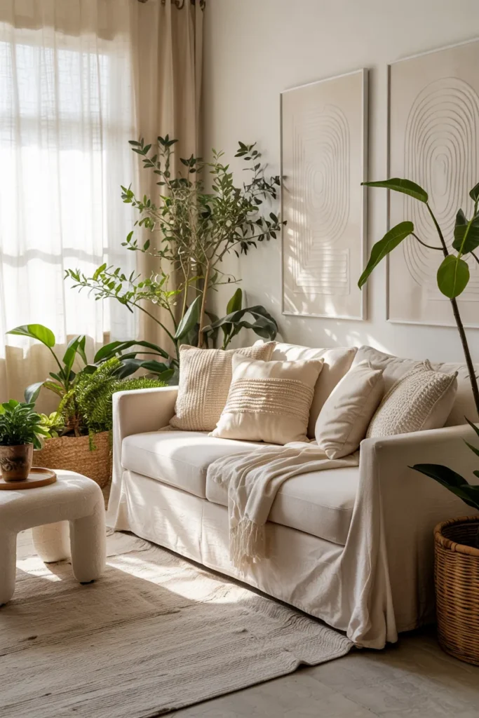Cozy modern boho living room with indoor plants in woven seagrass baskets, cream linen sofa, layered neutral textures, warm wood furniture, ceramic decor, and soft golden natural sunlight.