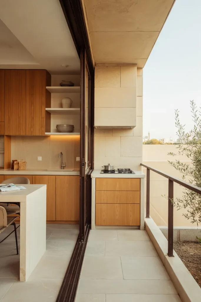 Modern indoor–outdoor kitchen extension with a narrow balcony kitchenette, oak cabinetry, open black railings, seamless flooring, and contemporary apartment styling.