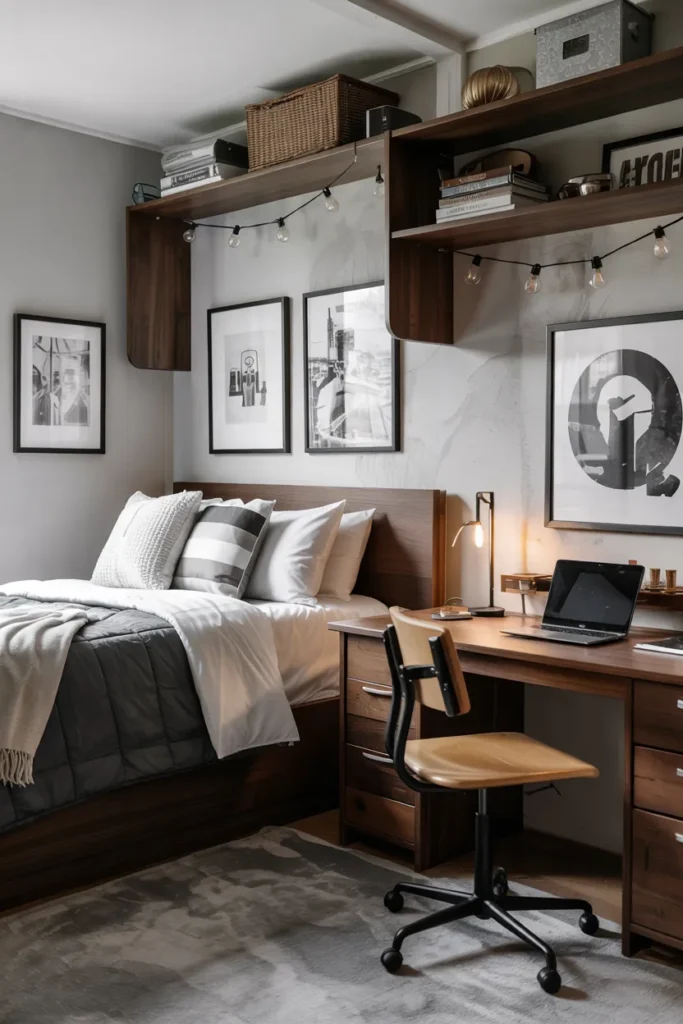 Compact industrial dorm room with neatly made single bed, black metal furniture, concrete textures, Edison lighting, sleek study desk, and realistic edgy modern dorm layout.