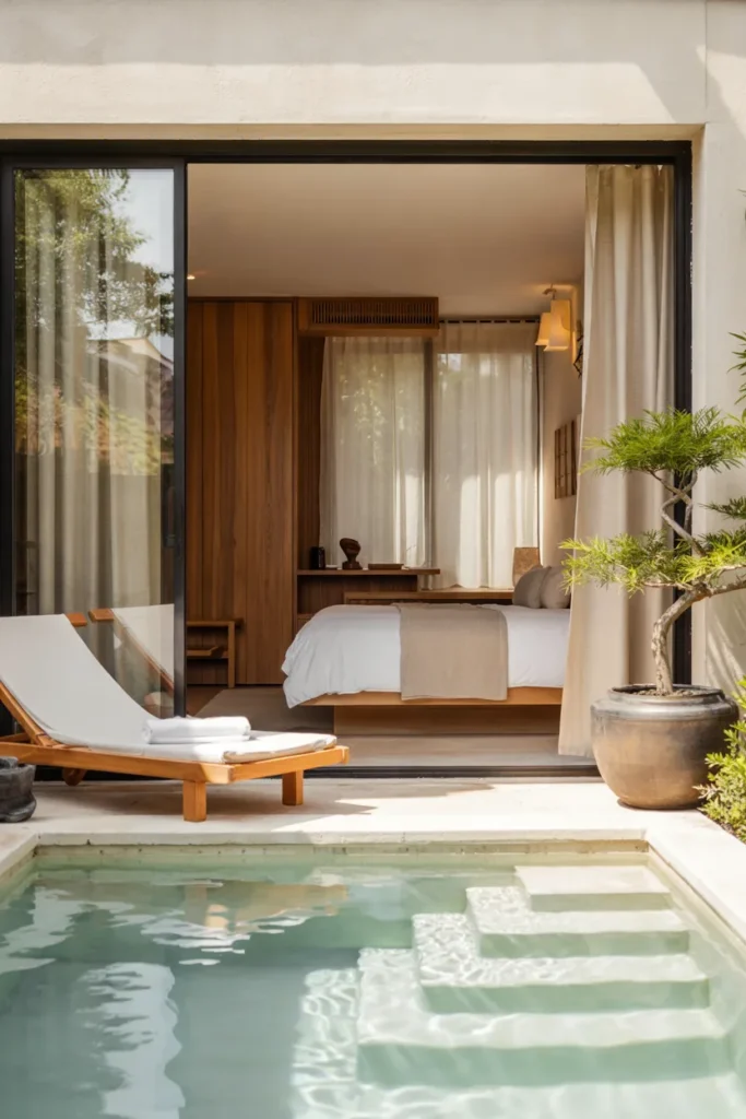 Japandi-style minimalist pool house guest suite with warm wood, low platform bed, and open glass doors leading to a calm summer plunge pool in a serene spa-like setting.