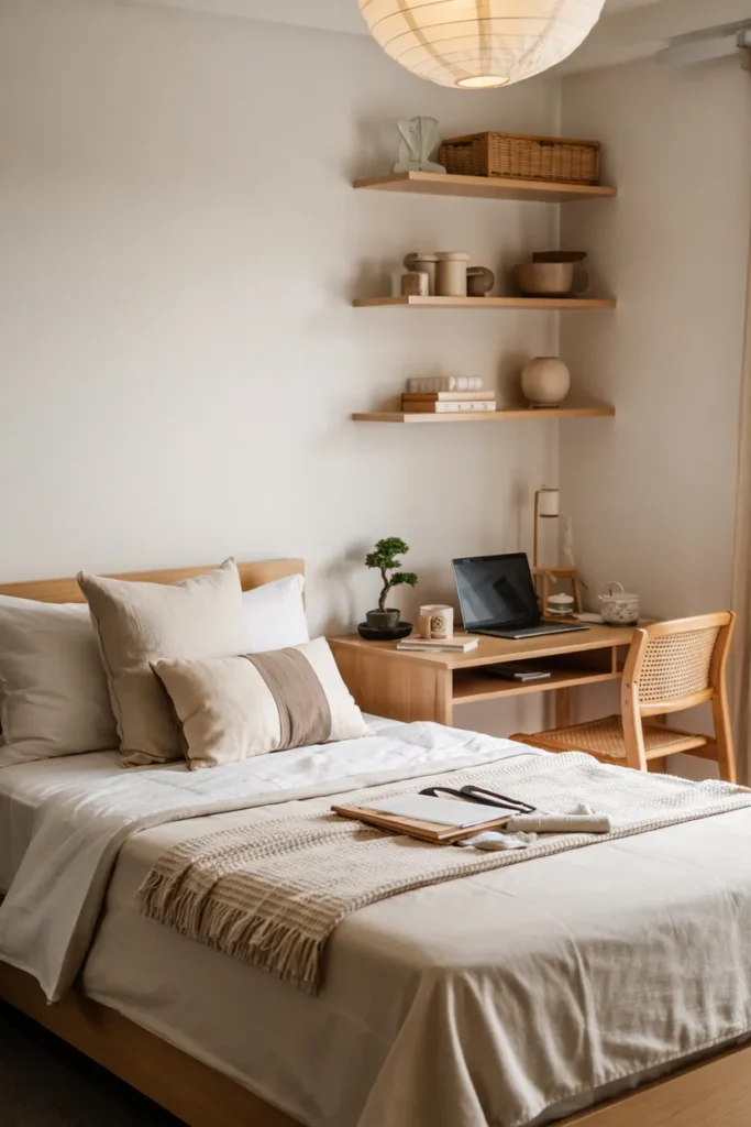 Compact Japanese Zen dorm room with neatly made single bed, soft neutral bedding, simple wood furniture, peaceful lighting, clean study desk, and realistic calm dorm layout.