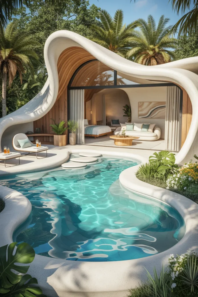 Lagoon-style pool house retreat with curved modern guest suite, organic-shaped turquoise pool, and lush tropical landscaping in a luxury summer resort setting.