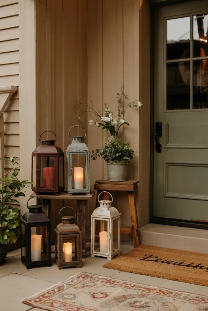 Front porch entryway with a cluster of lanterns featuring red and blue glass and LED candles creating a warm patriotic glow