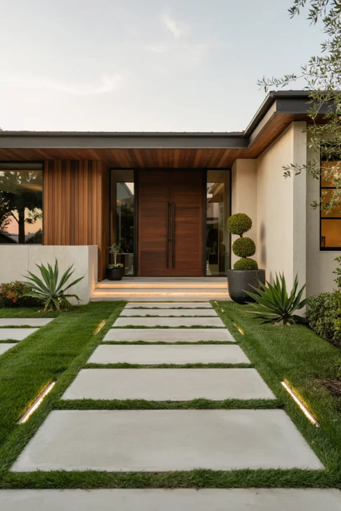 Modern US home with oversized concrete slab walkway, floating pavers, grass joints, and luxurious architectural front yard landscaping.