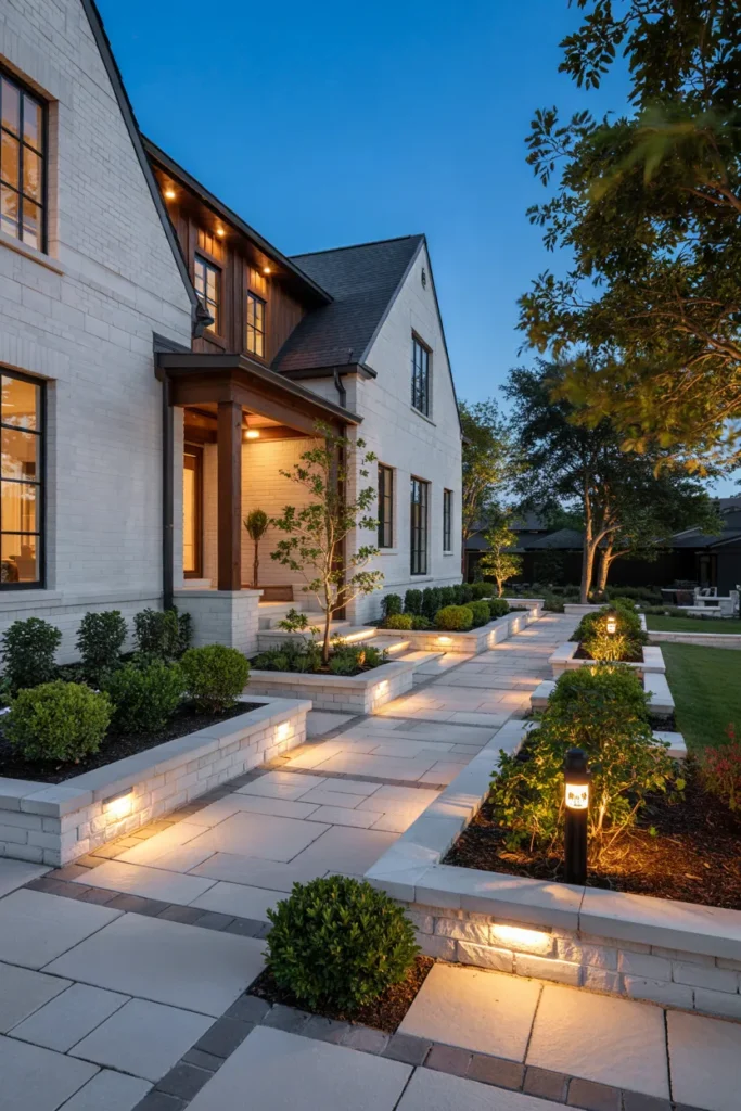 Modern home with layered outdoor front yard lighting, glowing pathway lights, tree uplighting, and luxury LED landscape illumination at night.