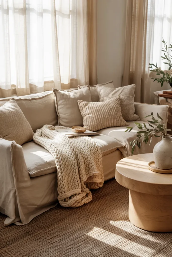 Cozy modern boho living room with layered sofa styling, textured neutral cushions, tasseled throw blanket, warm wood furniture, layered rugs, ceramic decor, and soft golden natural sunlight.