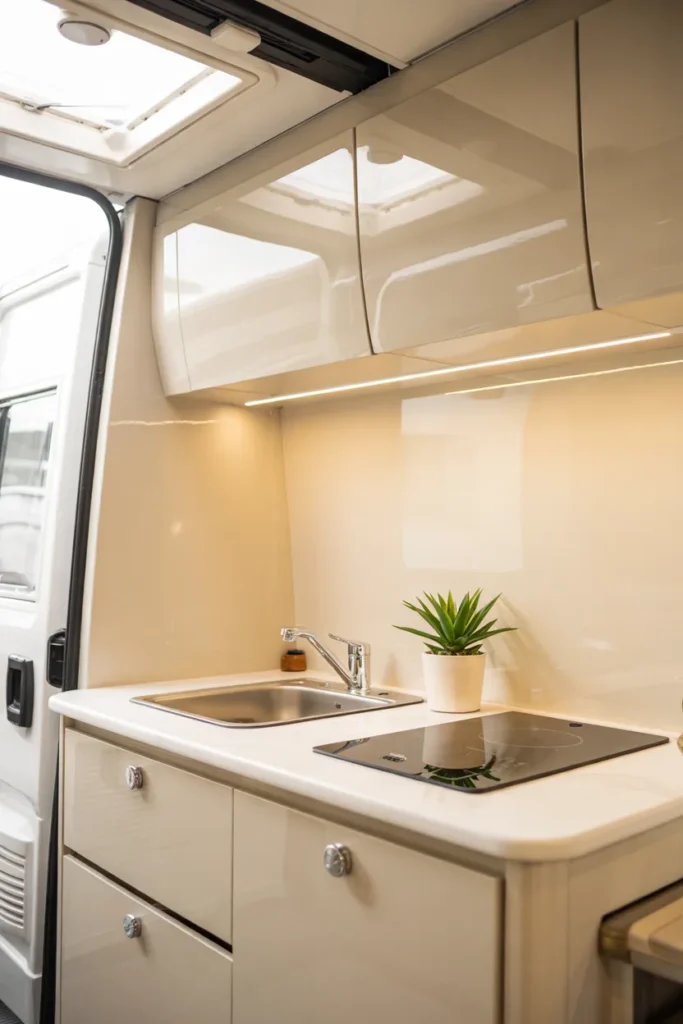 Bright RV kitchenette with glossy white cabinets and reflective surfaces that make the small space feel larger, featuring clean minimalist design and soft lighting.