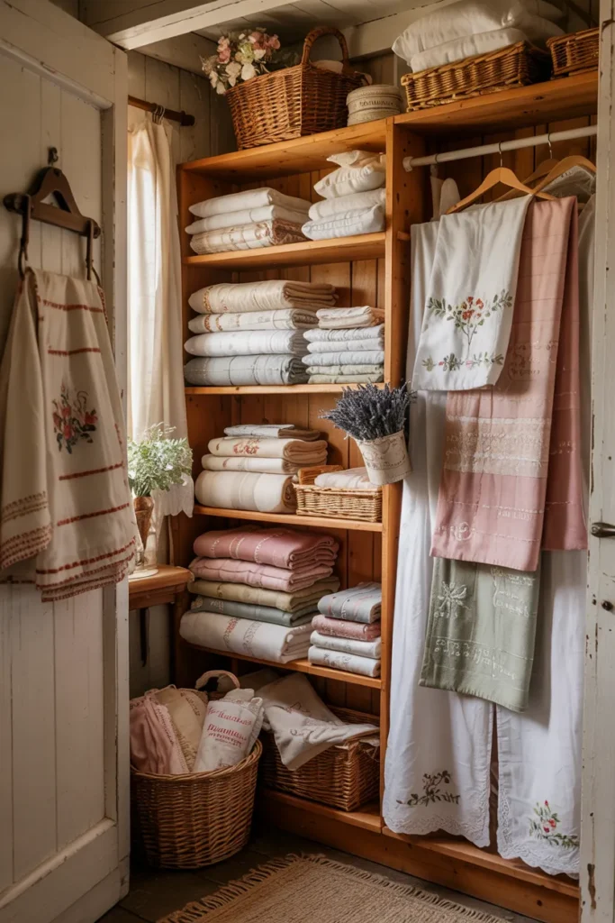 Vintage grandma aesthetic linen closet with folded quilts, embroidered pillowcases, lavender sachets, wicker baskets, floral linens, vintage storage tins, warm lighting, and cozy cottagecore decor.