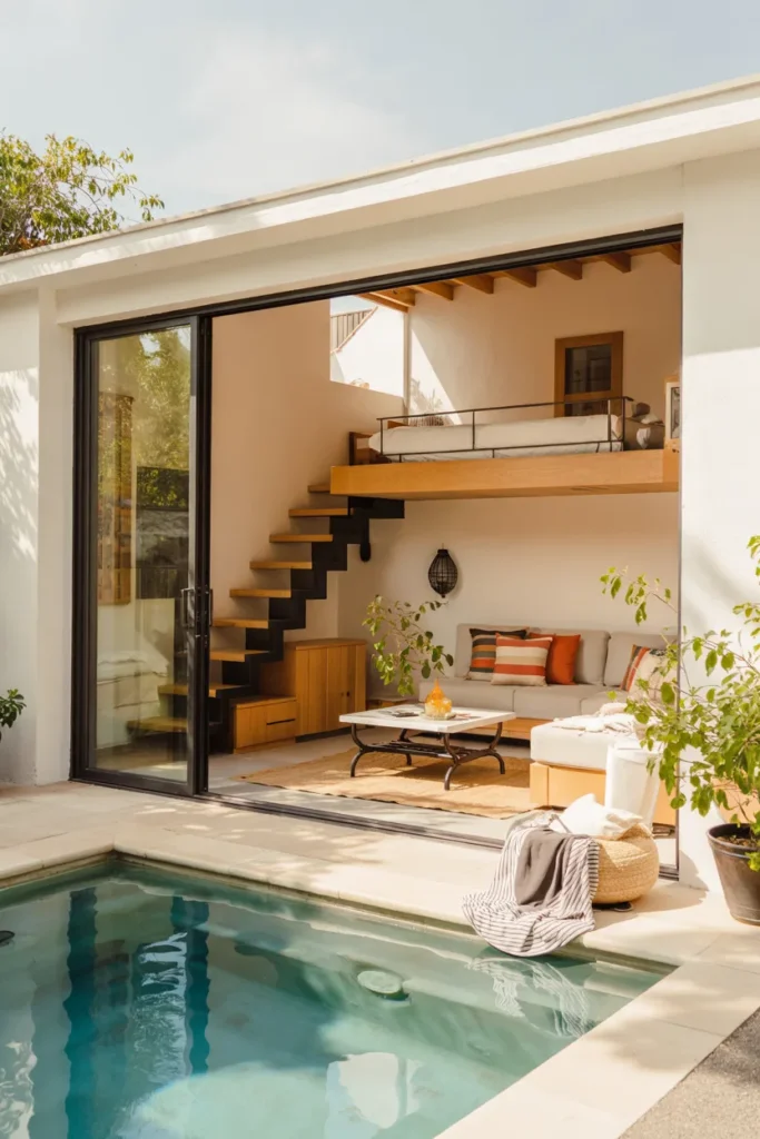Loft-style pool house guest suite with elevated bed above and lounge below, featuring open glass doors to a bright summer pool in a compact modern layout.