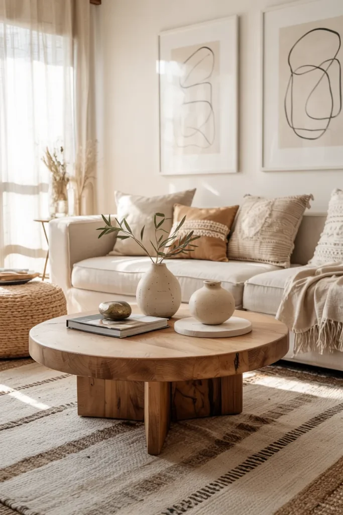 Modern boho living room with a low wooden coffee table, cream linen sofa, layered neutral cushions, textured rugs, ceramic decor, woven accents, and soft golden natural sunlight.