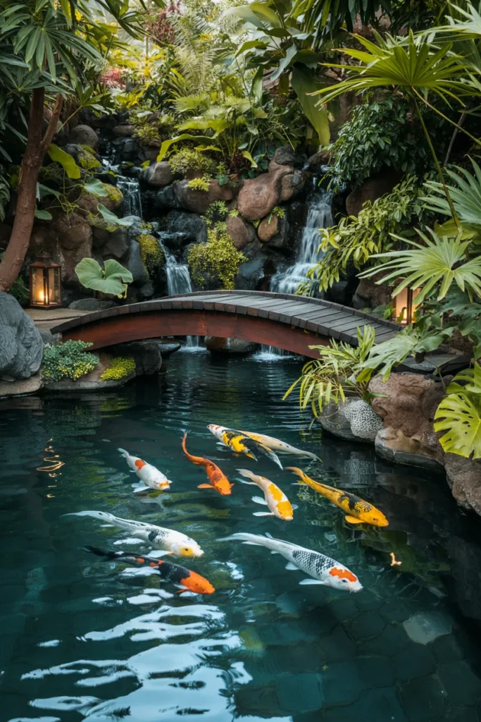 Luxury tropical koi lagoon with waterfalls, palm landscaping, glowing lanterns, stone bridges, and hidden cave areas in a resort-style garden.