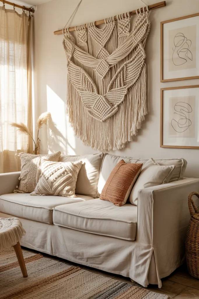 Cozy modern boho living room with a large macramé wall hanging, cream linen sofa, layered textured pillows, warm wood furniture, woven decor, ceramic accessories, and soft golden natural lighting.