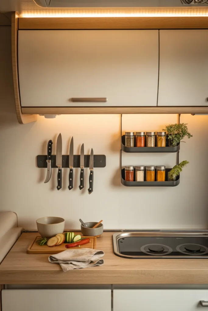 RV kitchenette with magnetic knife strip and wall-mounted spice racks, freeing counter and drawer space in a clean, modern design