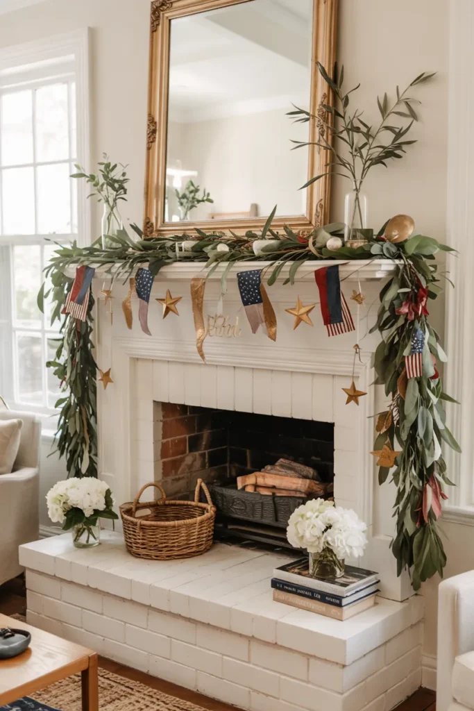 Patriotic mantel garland display with greenery, soft stars, and subtle red white and blue accents in a bright modern living room.