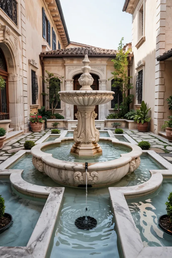Mediterranean marble fountain courtyard with carved stone fountains, elegant water channels, symmetrical landscaping, and luxury villa architecture.