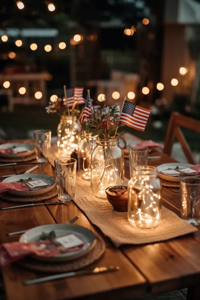 Outdoor dining table with mason jar centerpieces filled with fairy lights and mini American flags glowing in a cozy summer evening setting