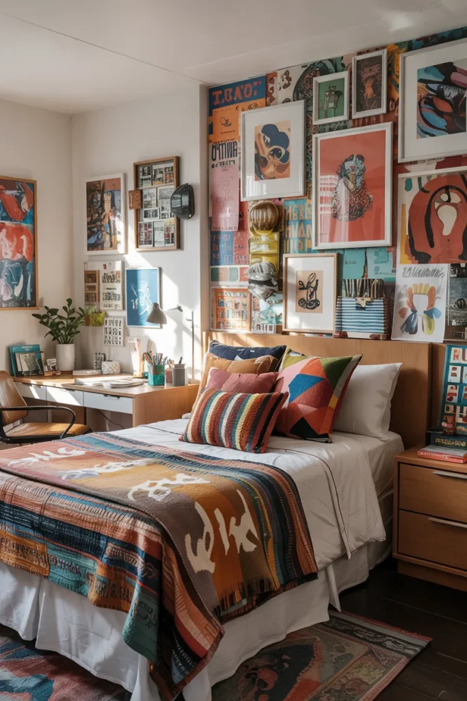 Compact maximalist art dorm room with neatly made single bed, bold wall collage, colorful mixed patterns, bright decor accents, creative study desk, and realistic artistic dorm layout.