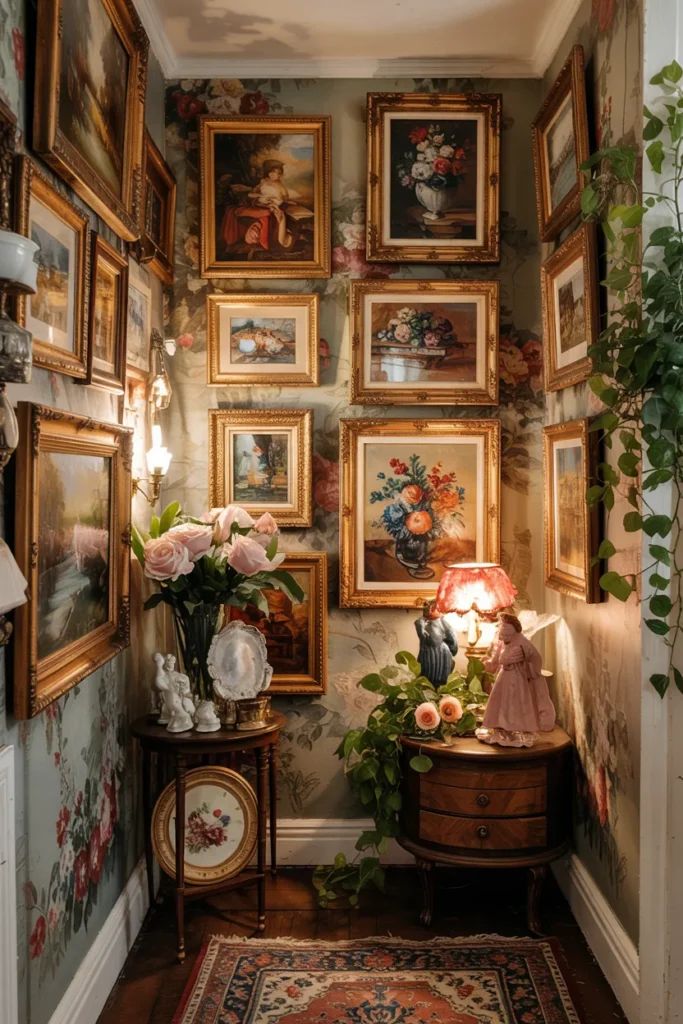 Vintage grandma aesthetic maximalist hallway gallery with real-life antique oil paintings, botanical illustrations, oval frames, embroidered art, warm sconces, floral wallpaper, layered vintage decor, and cozy whimsical cottagecore styling.