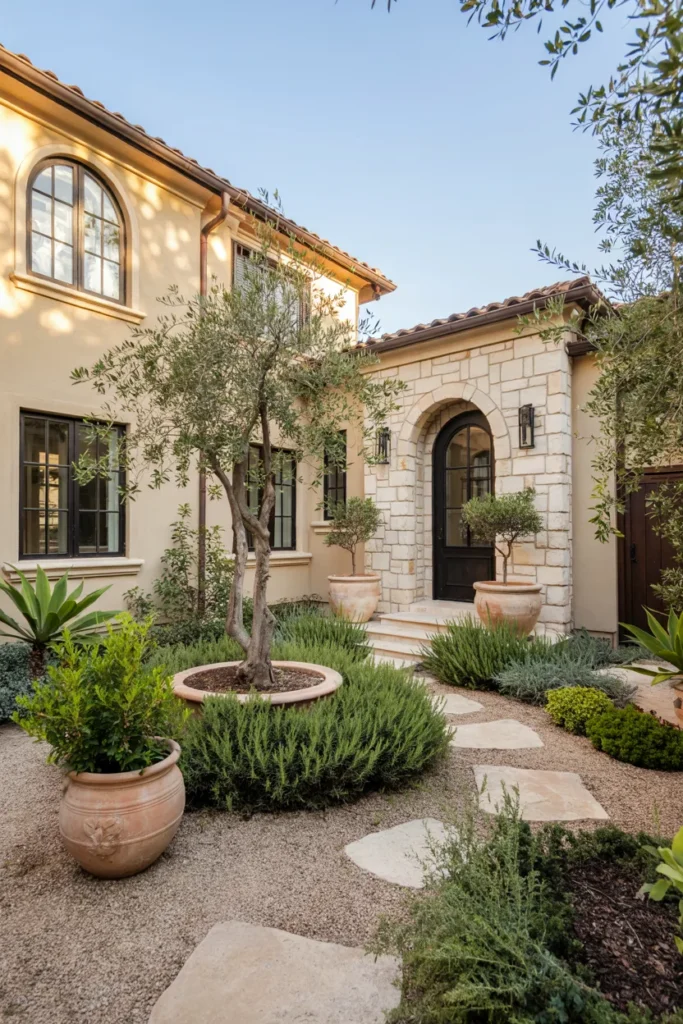 Mediterranean-inspired front yard with olive trees, terracotta planters, gravel landscaping, limestone pathways, and drought-tolerant greenery.