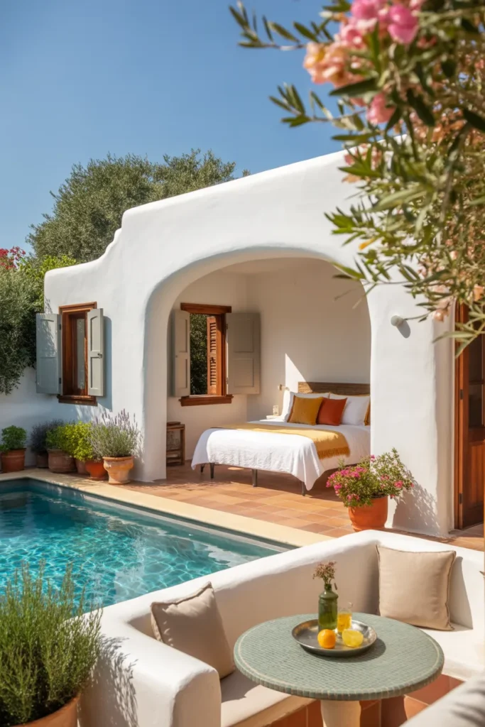 Mediterranean pool house guest casita with white stucco walls, arches, terracotta details, and a bright blue summer pool surrounded by plants and warm textures.