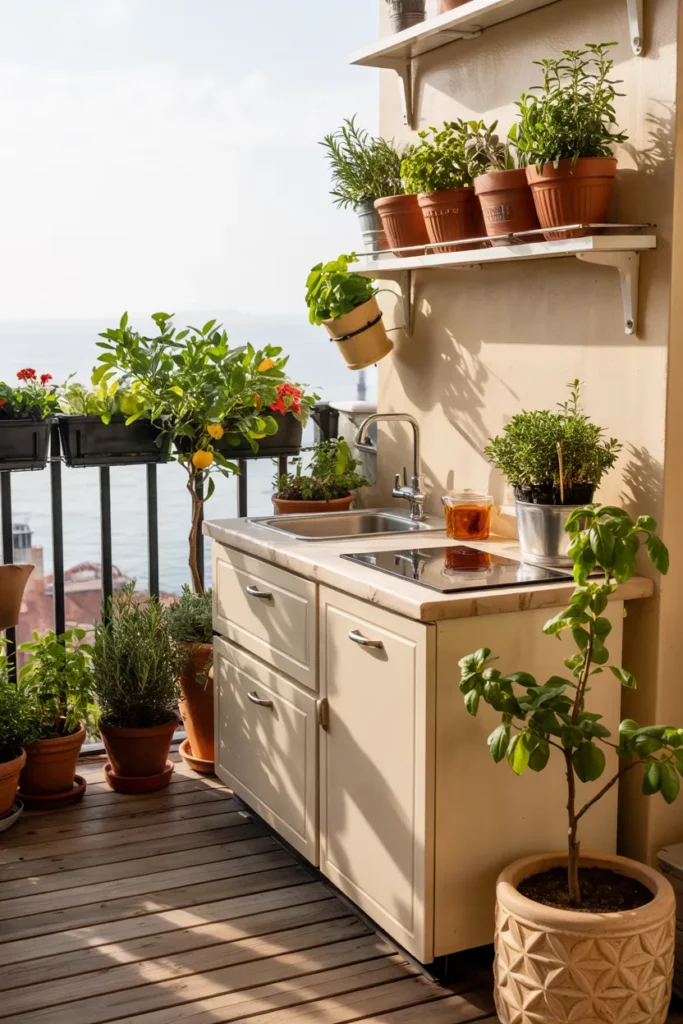 Small modern Mediterranean balcony kitchen with terracotta pots, rosemary and thyme herbs, compact cream kitchenette, open black railings, and warm sunlit styling.